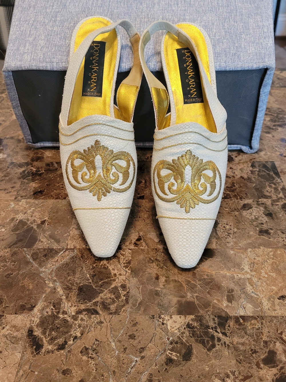 Donna Karan White and Gold Embroidered Slingback Mules